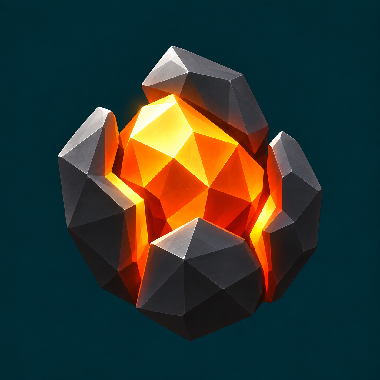 A glowing orange crystal cradled in dark faceted stone